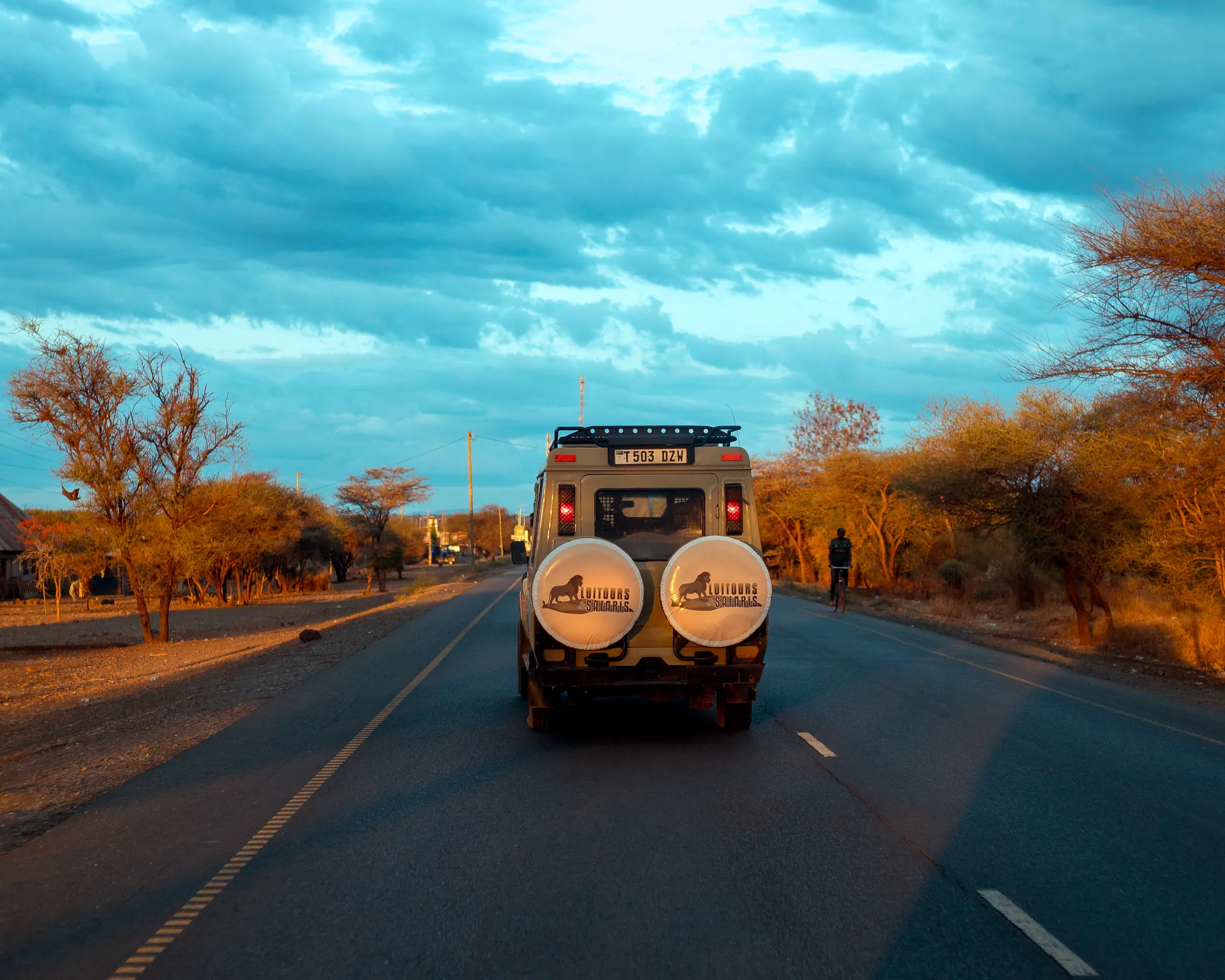Safari vehicle travelling through a Tanzania wildlife area